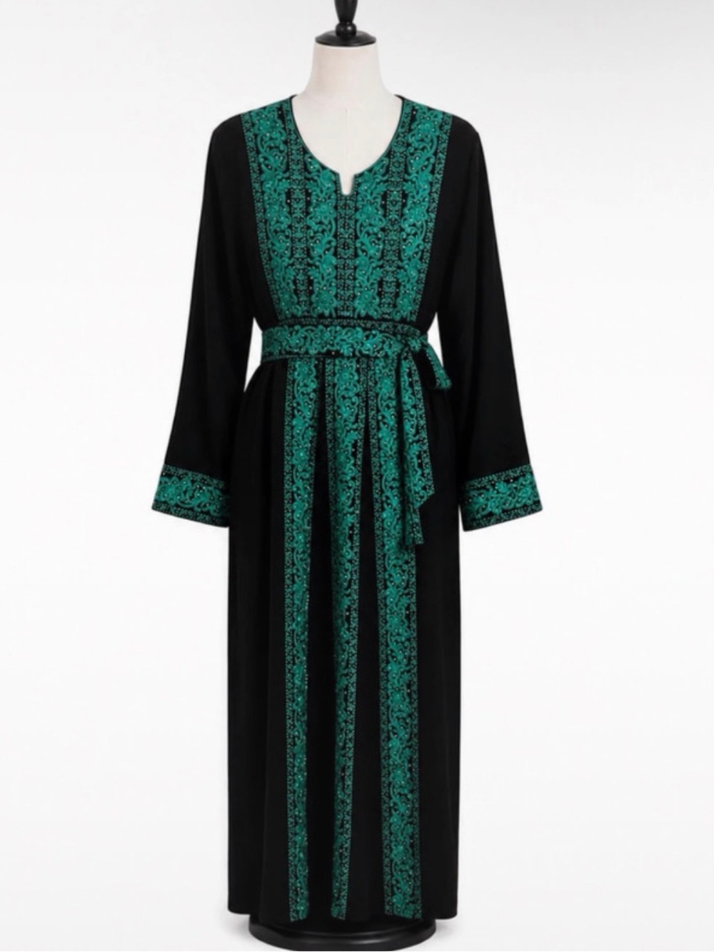 Black Abaya with Emerald Green Embroidered Trim